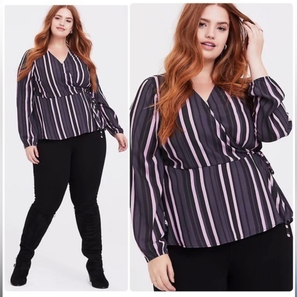 TORRID GRAY PURPLE SHEER FAUX WRAP LONG SLEEVE LADIES BLOUSE SIZE 2 - Picture 1 of 11